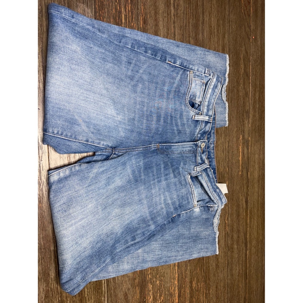 Chico's High Rise Straight Leg Jeans Medium Wash Distressed Raw Hem Size 12R 2R